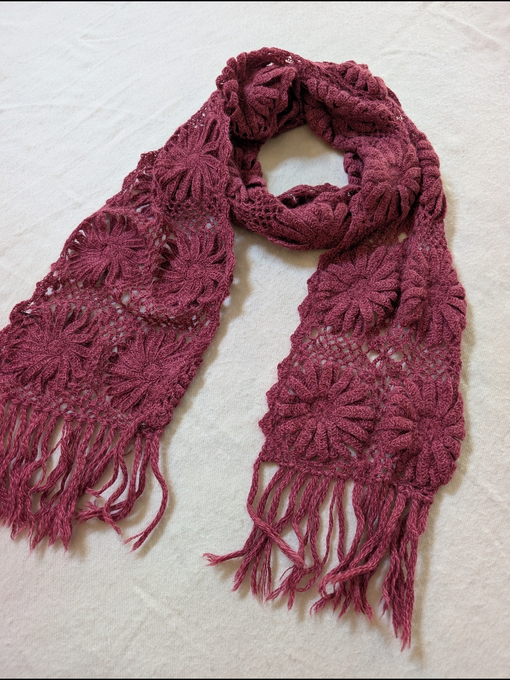 Baby Alpaca Novica Crochet Floral Fringe Scarf - Deep Pink